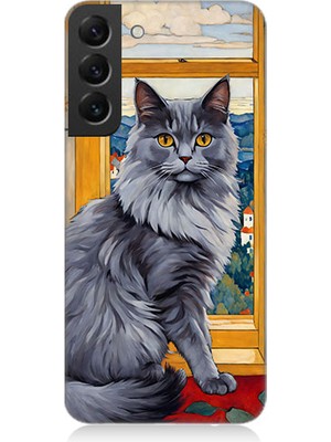 Teknomeg Samsung Galaxy S22 Plus Uyumlu Kül Rengi Tüylü Kedi Desenli Silikon Kılıf