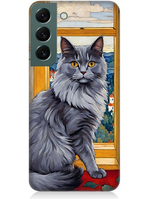 Teknomeg Samsung Galaxy S22 Uyumlu Kül Rengi Tüylü Kedi Desenli Silikon Kılıf