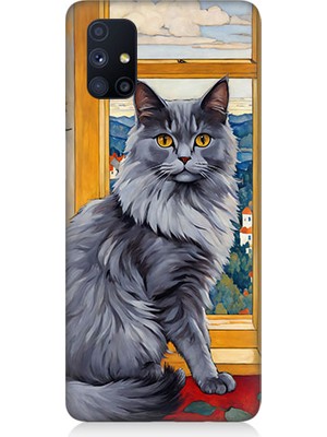 Teknomeg Samsung Galaxy M51 Uyumlu Kül Rengi Tüylü Kedi Desenli Silikon Kılıf