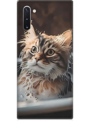 Teknomeg Samsung Galaxy Note 10 Uyumlu Banyo Yapan Kedi Desenli Silikon Kılıf
