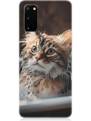 Teknomeg Samsung Galaxy S20 Plus Uyumlu Banyo Yapan Kedi Desenli Silikon Kılıf