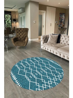 Napoli Home Dijital Baskılı Kaymaz Yıkanabilir Iskandinav Yuvarlak Salon Halısı, N-Y-Iskandinav-17-Turkuaz,