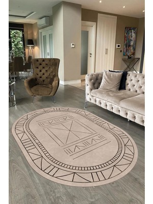 Napoli Home Dijital Baskılı Kaymaz Taban Yıkanabilir Iskandinav Oval Salon Halısı, N-O-Iskandinav-09-Bej,