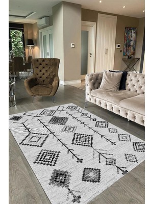 Napoli Home Dijital Baskılı Kaymaz Taban Yıkanabilir Iskandinav Yolluk Salon Halısı, N-Iskandinav-11-Gri,