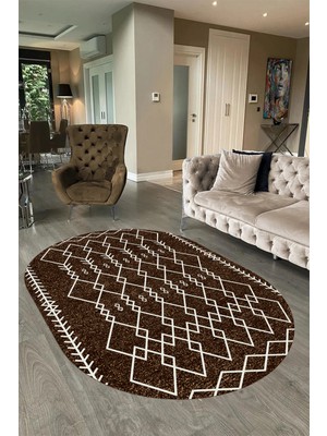 Napoli Home Dijital Baskılı Kaymaz Taban Yıkanabilir Iskandinav Oval Salon Halısı, N-O-Iskandinav-17-Kahve,