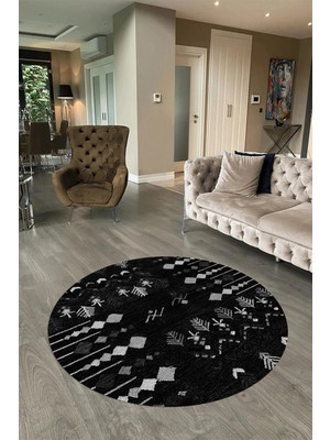 Napoli Home Dijital Baskılı Kaymaz Yıkanabilir Iskandinav Yuvarlak Salon Halısı, N-Y-Iskandinav-24-Siyah,
