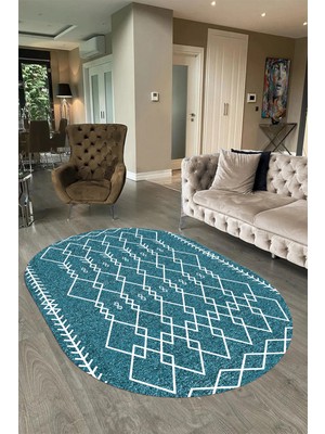 Napoli Home Dijital Baskılı Kaymaz Taban Yıkanabilir Iskandinav Oval Salon Halısı, N-O-Iskandinav-17-Turkuaz,