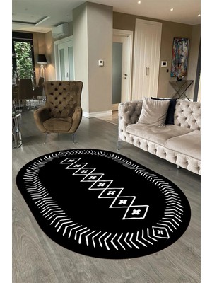Napoli Home Dijital Baskılı Kaymaz Taban Yıkanabilir Iskandinav Oval Salon Halısı, N-O-Iskandinav-03-Siyah,