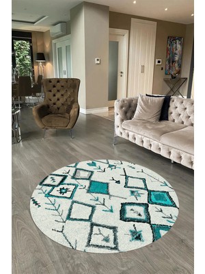 Napoli Home Dijital Baskılı Kaymaz Yıkanabilir Iskandinav Yuvarlak Salon Halısı, N-Y-Iskandinav-14-Turkuaz,