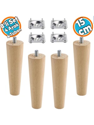 Nzb Ahşap Ayak Mobilya Koltuk Kanepe Sehpa Masa Ayağı Ayakları M8 Civatalı 15 cm + Bağlantı Aparatlı 8'li Set