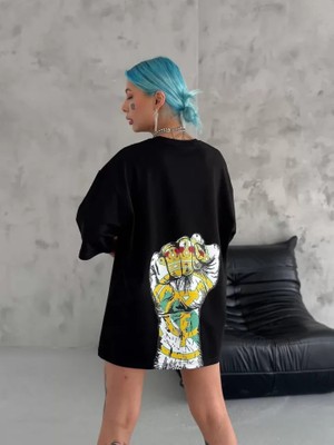 Stil Aura Unisex Bisiklet Yaka Baskılı Oversize T-Shirt - Siyah