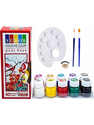 Glanart 10 Renkli Guaj Boya Seti 10x20 ml Sentetik Ipek Fırça ve Oval Palet ile Sanat İçin
