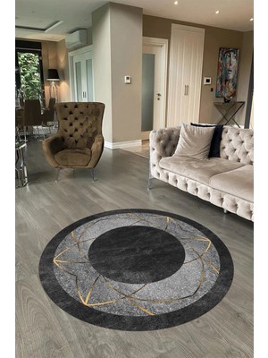 Napoli Home Dijital Baskılı Kaymaz Yıkanabilir Mermer Yuvarlak Mutfak Salon Halısı, N-Y-Mermer-13-Antrasit,