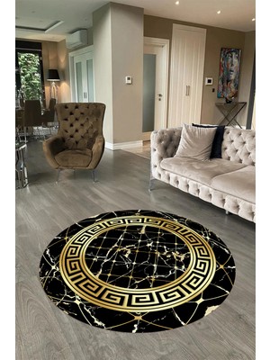 Napoli Home Dijital Baskılı Kaymaz Yıkanabilir Mermer Yuvarlak Mutfak Salon Halısı, N-Y-Mermer-18-Siyah,