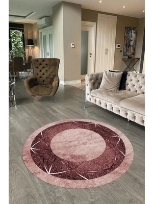 Napoli Home Dijital Baskılı Kaymaz Yıkanabilir Mermer Yuvarlak Mutfak Salon Halısı, N-Y-Mermer-13-Bordo,