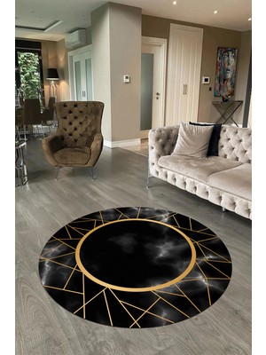 Napoli Home Dijital Baskılı Kaymaz Yıkanabilir Mermer Yuvarlak Mutfak Salon Halısı, N-Y-Mermer-24-Siyah,