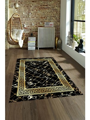 Napoli Home Dijital Baskılı Kaymaz Taban Yıkanabilir Mermer Yolluk Mutfak Salon Halısı, N-Mermer-18-Siyah,