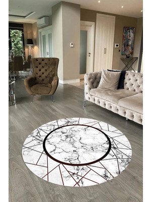 Napoli Home Dijital Baskılı Kaymaz Yıkanabilir Mermer Yuvarlak Mutfak Salon Halısı, N-Y-Mermer-11-Bordo,