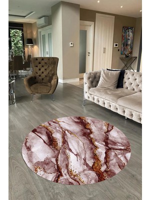Napoli Home Dijital Baskılı Kaymaz Yıkanabilir Mermer Yuvarlak Mutfak Salon Halısı, N-Y-Mermer-02-Bordo,