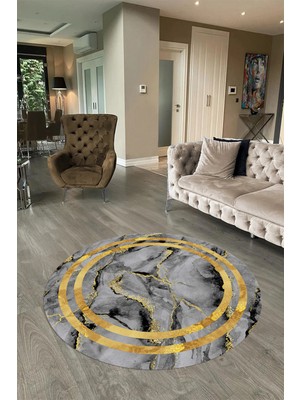 Napoli Home Dijital Baskılı Kaymaz Yıkanabilir Mermer Yuvarlak Mutfak Salon Halısı, N-Y-Mermer-04-Gold,