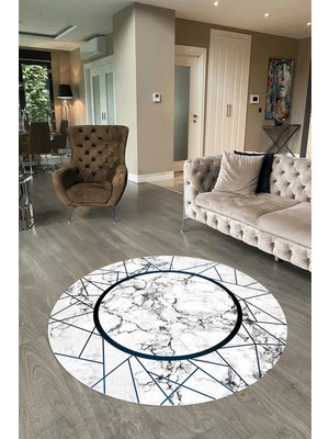 Napoli Home Dijital Baskılı Kaymaz Yıkanabilir Mermer Yuvarlak Mutfak Salon Halısı, N-Y-Mermer-11-Mavi,