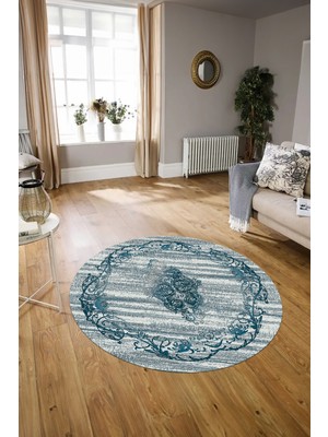 Napoli Home Dijital Baskılı Kaymaz Yıkanabilir Klasik Yuvarlak Mutfak Salon Halısı, N-Y-Klasik-11-Mavi,