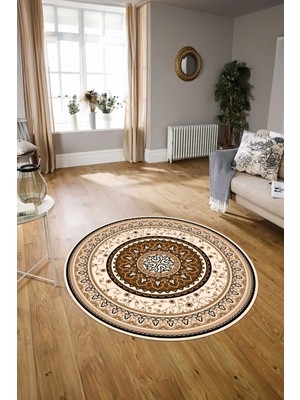 Napoli Home Dijital Baskılı Kaymaz Yıkanabilir Klasik Yuvarlak Mutfak Salon Halısı, N-Y-Klasik-18-Kahve,