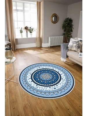 Napoli Home Dijital Baskılı Kaymaz Yıkanabilir Klasik Yuvarlak Mutfak Salon Halısı, N-Y-Klasik-18-Mavi,