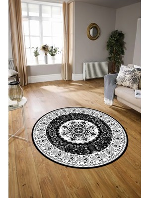 Napoli Home Dijital Baskılı Kaymaz Yıkanabilir Klasik Yuvarlak Mutfak Salon Halısı, N-Y-Klasik-27-Antrasit,
