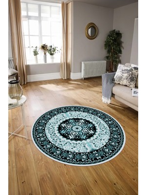 Napoli Home Dijital Baskılı Kaymaz Yıkanabilir Klasik Yuvarlak Mutfak Salon Halısı, N-Y-Klasik-27-Mavi,