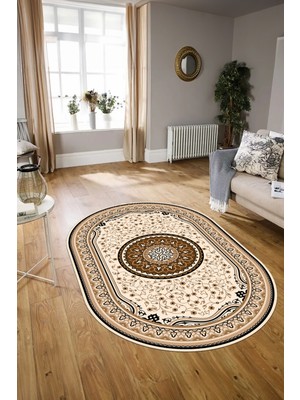 Napoli Home Dijital Baskılı Kaymaz Yıkanabilir Klasik Oval Yolluk Mutfak Salon Halısı, N-O-Klasik-18-Kahve,