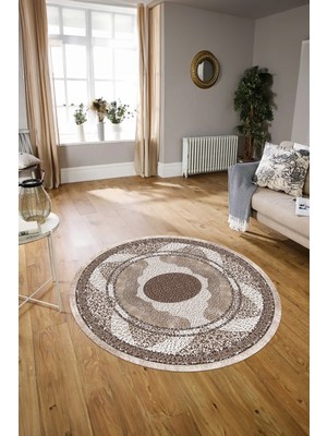 Napoli Home Dijital Baskılı Kaymaz Yıkanabilir Klasik Yuvarlak Mutfak Salon Halısı, N-Y-Klasik-24-Kahve,