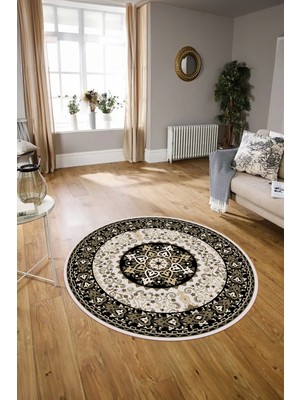 Napoli Home Dijital Baskılı Kaymaz Yıkanabilir Klasik Yuvarlak Mutfak Salon Halısı, N-Y-Klasik-27-Siyah,