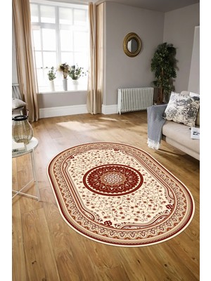 Napoli Home Dijital Baskılı Kaymaz Yıkanabilir Klasik Oval Yolluk Mutfak Salon Halısı, N-O-Klasik-18-Bordo,