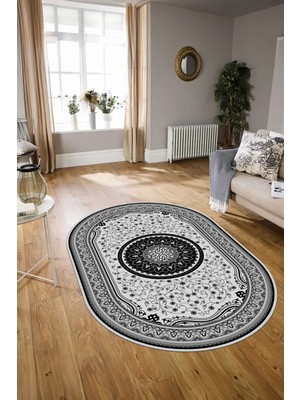 Napoli Home Dijital Baskılı Kaymaz Yıkanabilir Klasik Oval Yolluk Mutfak Salon Halısı, N-O-Klasik-18-Gri,