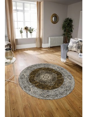 Napoli Home Dijital Baskılı Kaymaz Yıkanabilir Klasik Yuvarlak Mutfak Salon Halısı, N-Y-Klasik-07-Kahve,