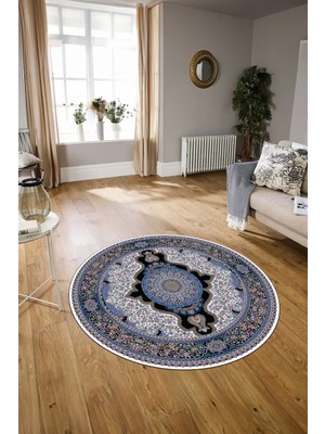 Napoli Home Dijital Baskılı Kaymaz Yıkanabilir Klasik Yuvarlak Mutfak Salon Halısı, N-Y-Klasik-02-Mavi,