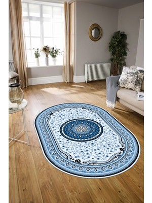Napoli Home Dijital Baskılı Kaymaz Yıkanabilir Klasik Oval Yolluk Mutfak Salon Halısı, N-O-Klasik-18-Mavi,