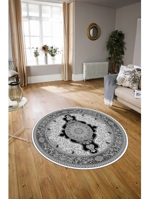 Napoli Home Dijital Baskılı Kaymaz Yıkanabilir Klasik Yuvarlak Mutfak Salon Halısı, N-Y-Klasik-02-Gri,