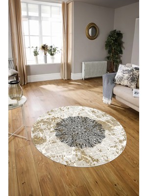 Napoli Home Dijital Baskılı Kaymaz Yıkanabilir Klasik Yuvarlak Mutfak Salon Halısı, N-Y-Klasik-19-Kahve,