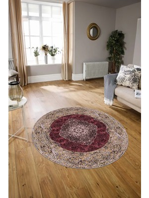 Napoli Home Dijital Baskılı Kaymaz Yıkanabilir Klasik Yuvarlak Mutfak Salon Halısı, N-Y-Klasik-07-Bordo,