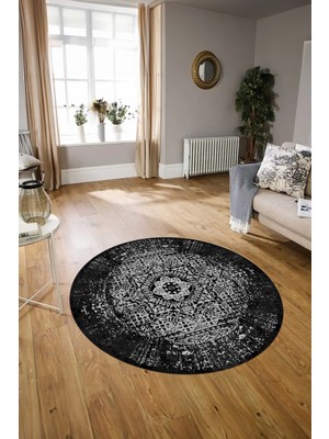 Napoli Home Dijital Baskılı Kaymaz Yıkanabilir Klasik Yuvarlak Mutfak Salon Halısı, N-Y-Klasik-12-Antrasit,