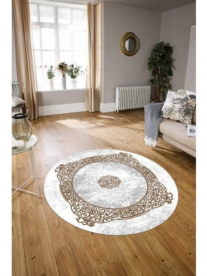 Napoli Home Dijital Baskılı Kaymaz Yıkanabilir Klasik Yuvarlak Mutfak Salon Halısı, N-Y-Klasik-20-Kahve,