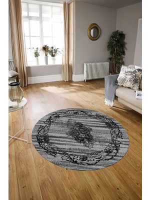 Napoli Home Dijital Baskılı Kaymaz Yıkanabilir Klasik Yuvarlak Mutfak Salon Halısı, N-Y-Klasik-11-Antrasit,
