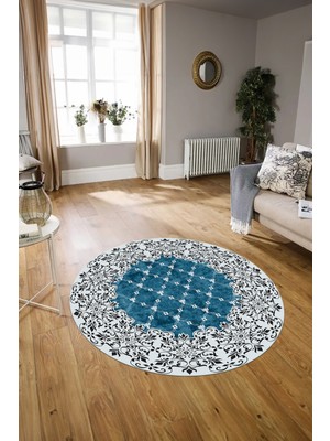 Napoli Home Dijital Baskılı Kaymaz Yıkanabilir Klasik Yuvarlak Mutfak Salon Halısı, N-Y-Klasik-04-Mavi,