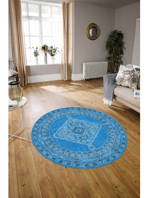 Napoli Home Dijital Baskılı Kaymaz Yıkanabilir Klasik Yuvarlak Mutfak Salon Halısı, N-Y-Klasik-06-Mavi,