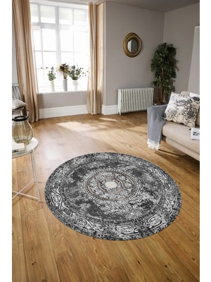 Napoli Home Dijital Baskılı Kaymaz Yıkanabilir Klasik Yuvarlak Mutfak Salon Halısı, N-Y-Klasik-25-Gri,