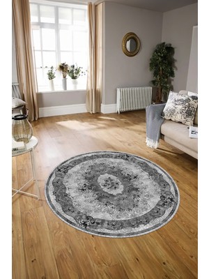 Napoli Home Dijital Baskılı Kaymaz Yıkanabilir Klasik Yuvarlak Mutfak Salon Halısı, N-Y-Klasik-29-Gri,