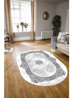 Napoli Home Dijital Baskılı Kaymaz Yıkanabilir Klasik Oval Yolluk Mutfak Salon Halısı, N-O-Klasik-20-Gri,