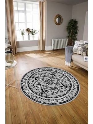 Napoli Home Dijital Baskılı Kaymaz Yıkanabilir Klasik Yuvarlak Mutfak Salon Halısı, N-Y-Klasik-10-Gri,